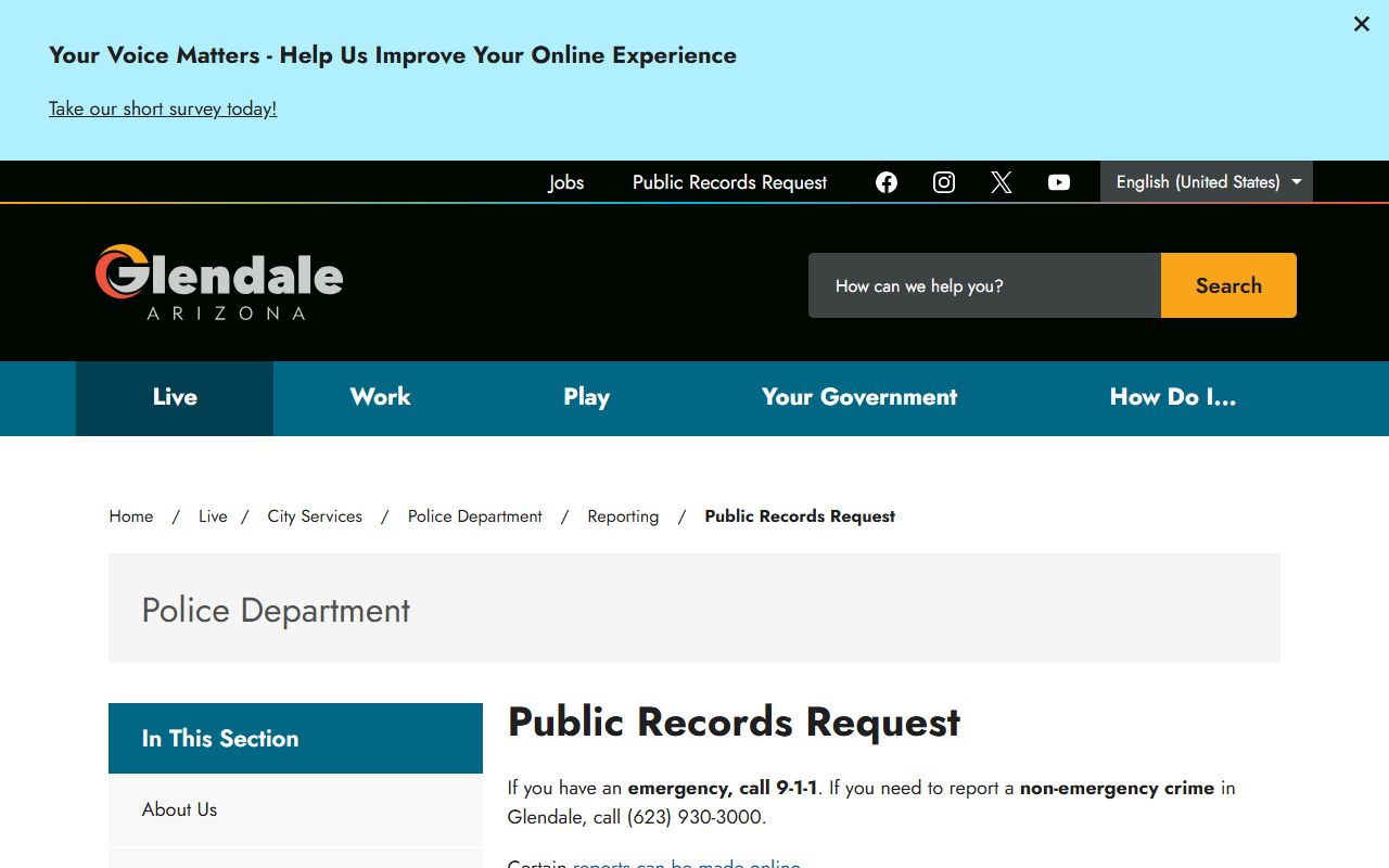 Glendale Police public records request page for 72 hour booking documents