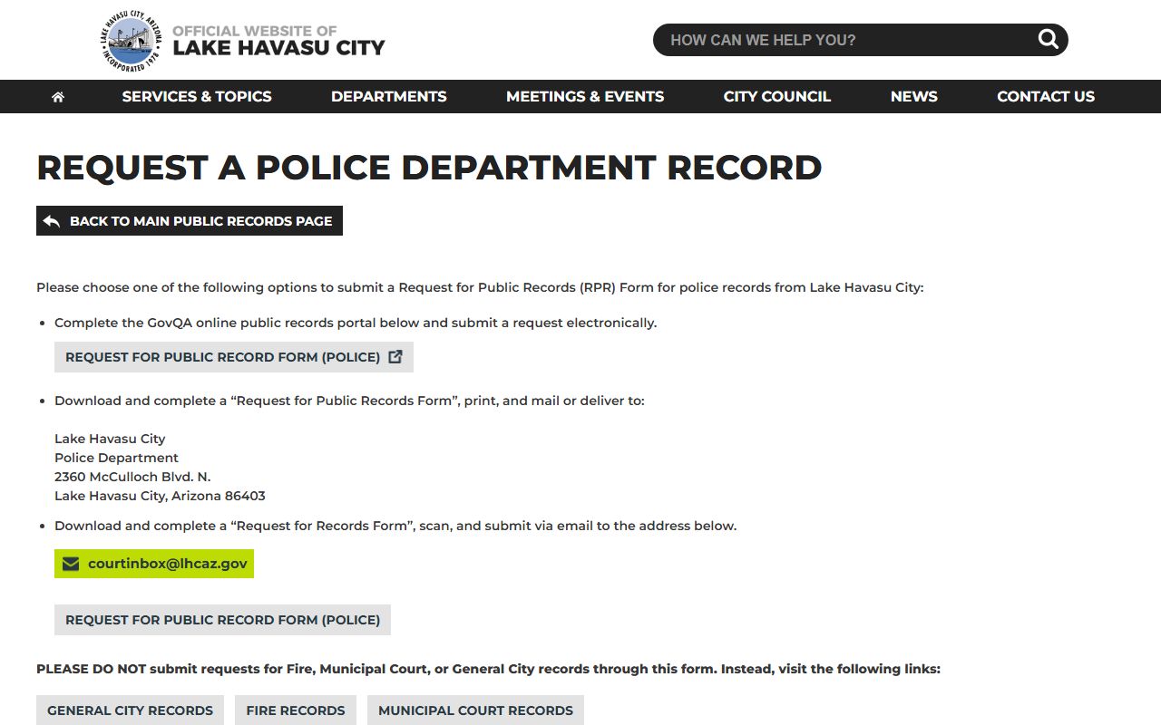 Lake Havasu City Police records page for 72 hour booking documents