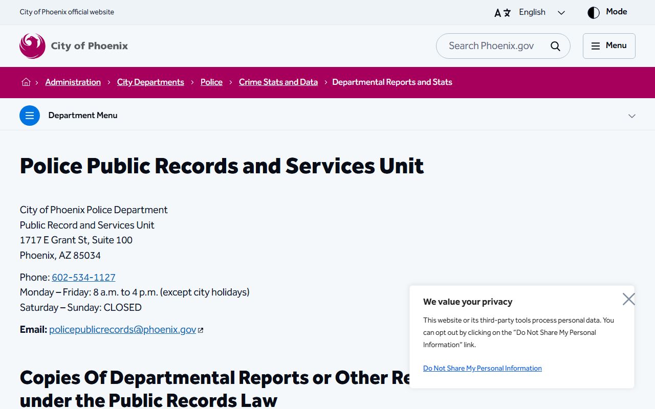 Phoenix Police Public Records Unit page for 72 hour booking related documents