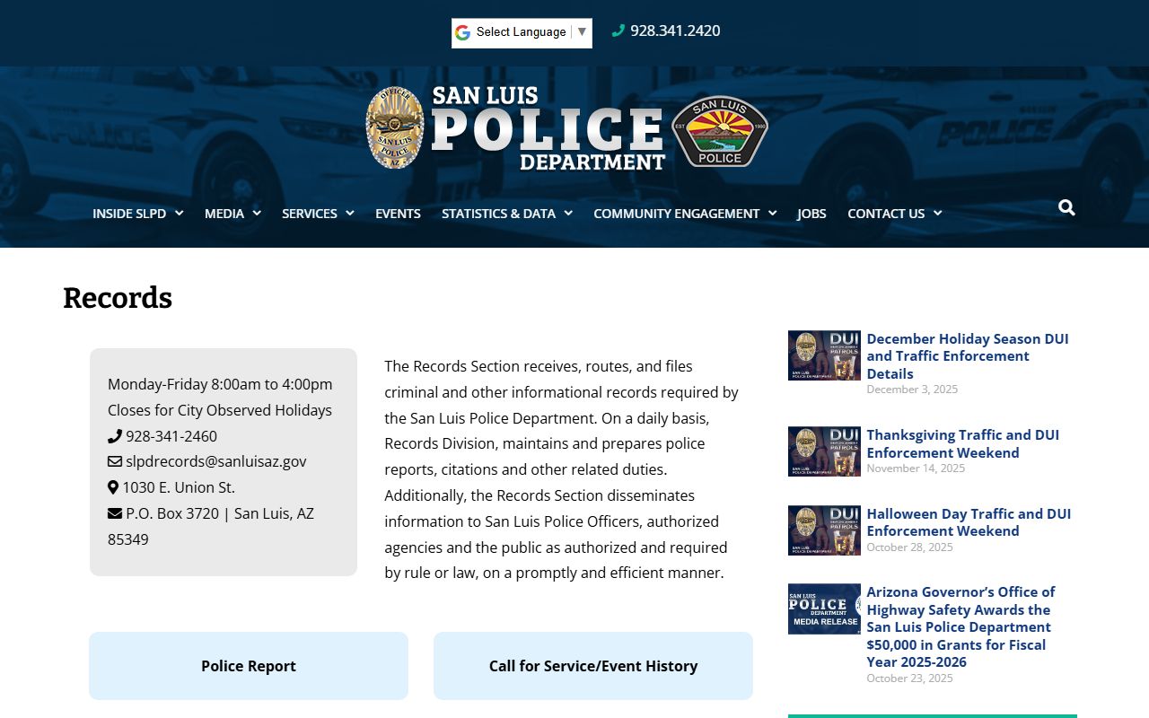 San Luis Police records section for 72 hour booking documents