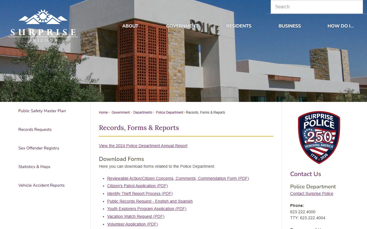 Surprise Police records page for 72 hour booking documents