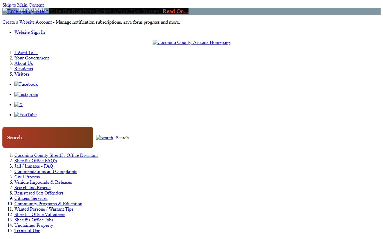 Coconino County Sheriff main page for booking inquiries