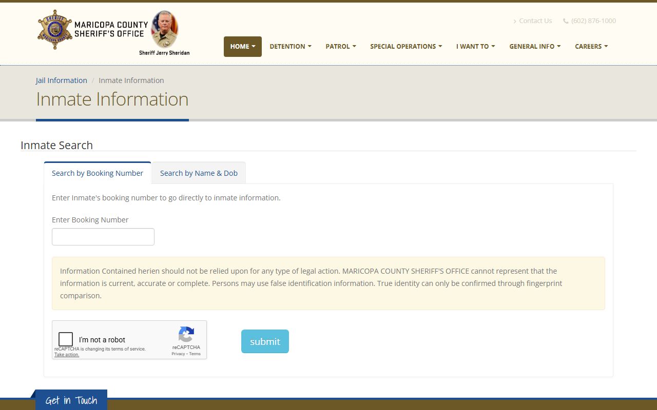 Maricopa County Sheriff inmate search page for 72 hour booking records