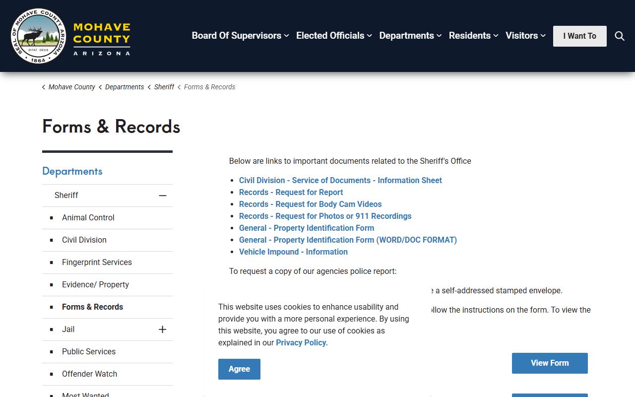 Mohave County Sheriff forms and records request page