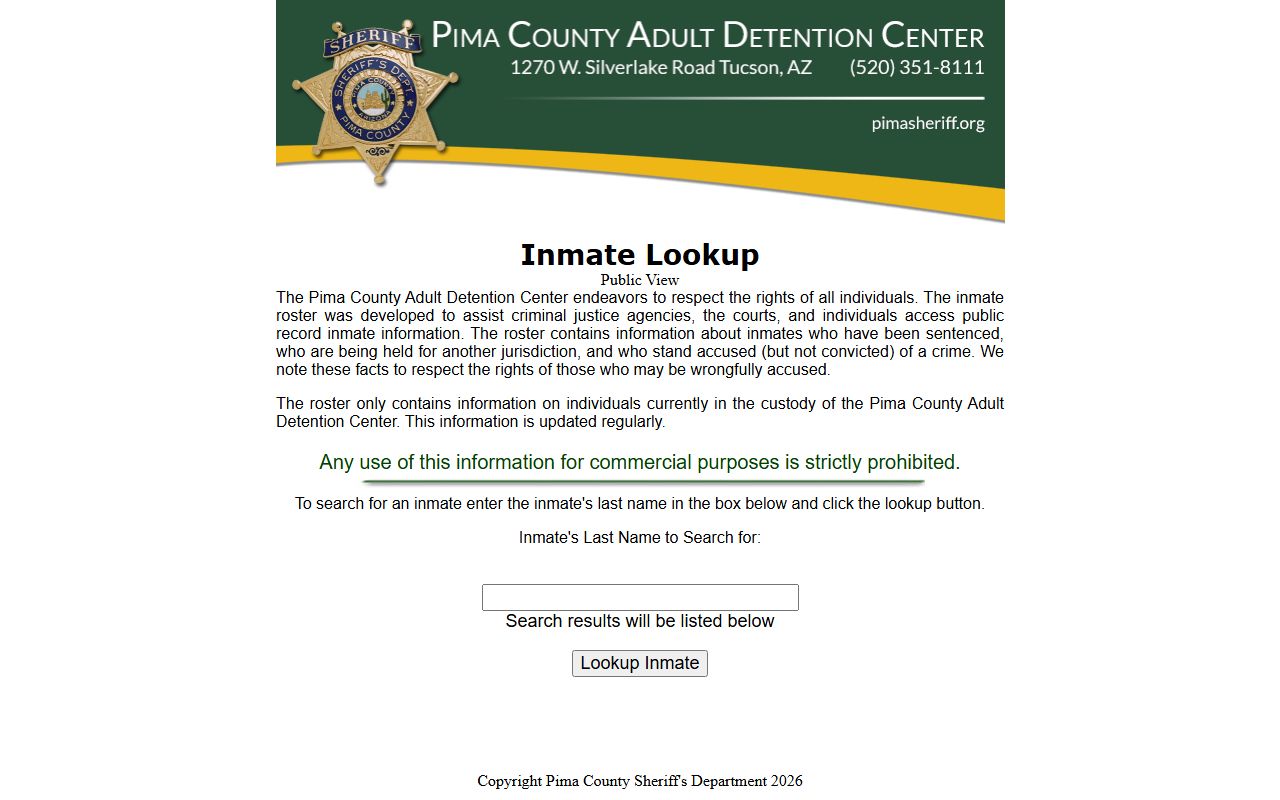 Pima County Sheriff inmate lookup page for 72 hour booking search