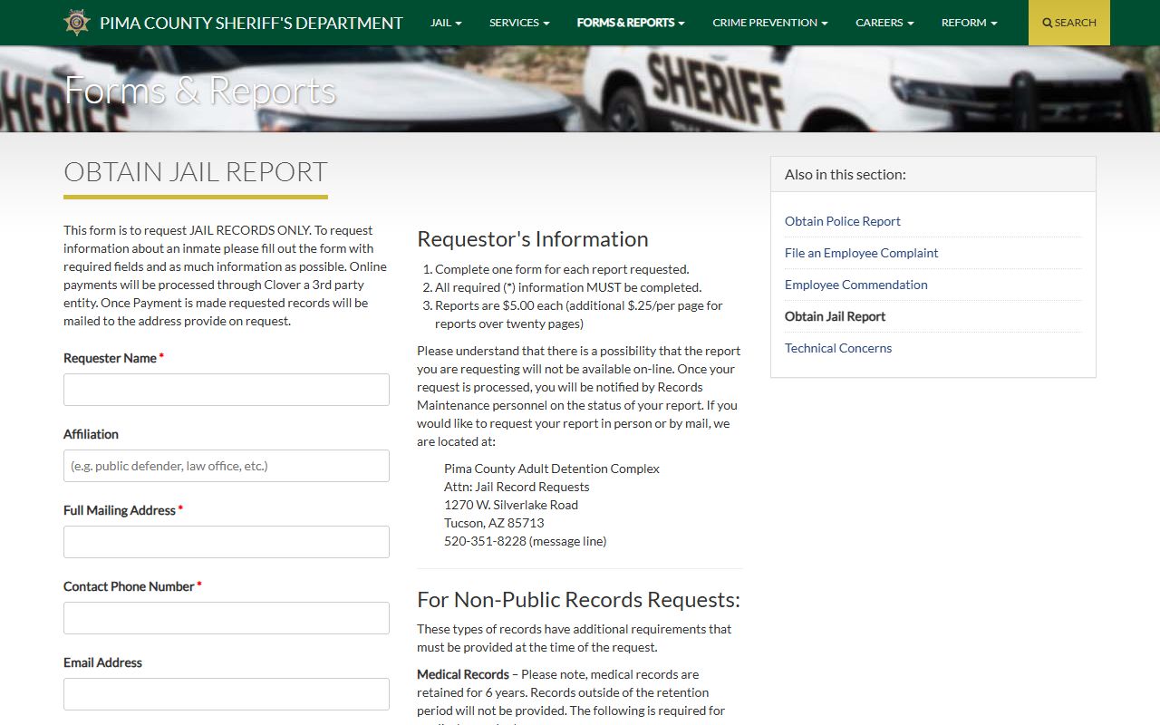 Pima County jail records request page for booking documents