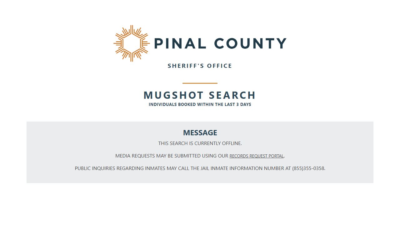 Pinal County mugshot search showing offline status