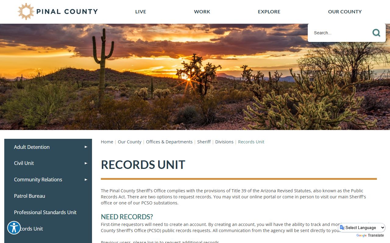 Pinal County Sheriff Records Unit page