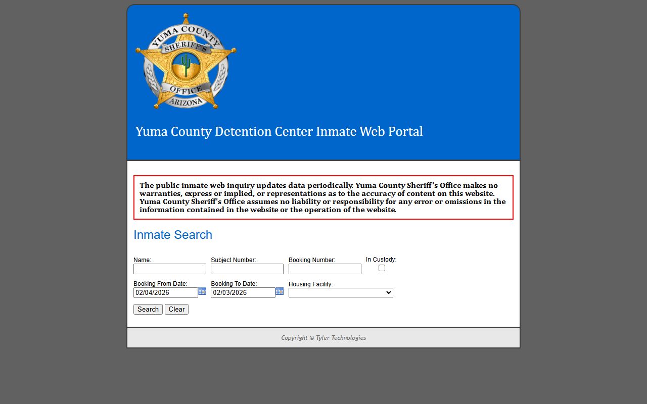 Yuma County inmate search system for 72 hour booking lookup