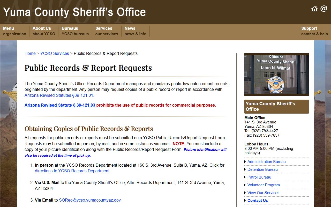 Yuma County Sheriff records and reports services page