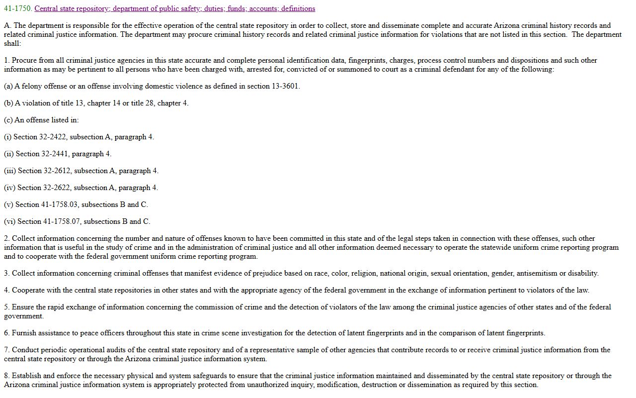 Arizona statute 41-1750 governing 72 hour booking records
